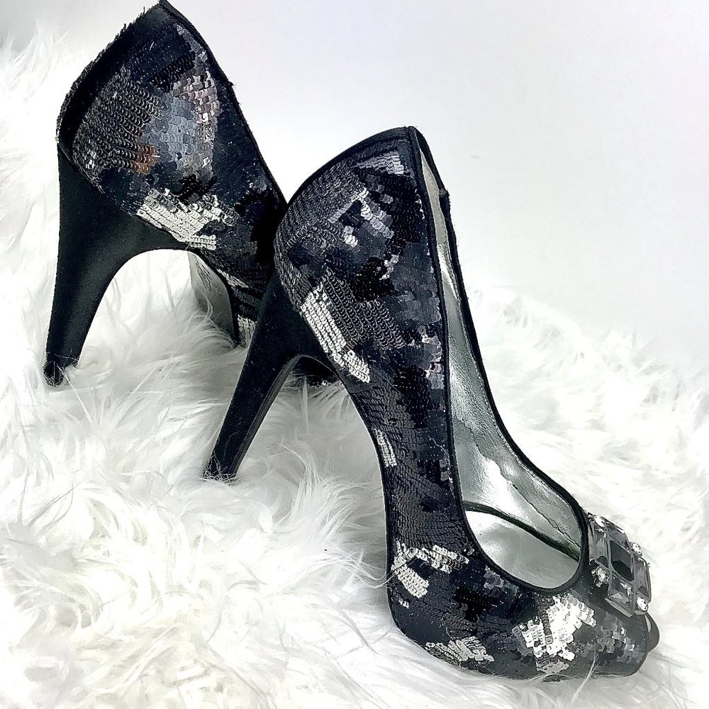 NINA Black/Silver Sequins Pumps w/Gems, Sz 8.5 - Picture 2 of 7